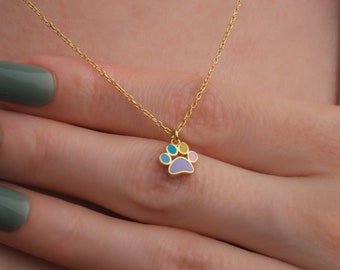 Sterling Silver Paw Print Necklace: Colorful 14k Gold Pet Pendant
