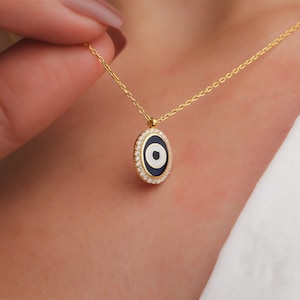 14k Gold Plated Evil Eye Necklace: Sterling Silver Pendant with Crystals