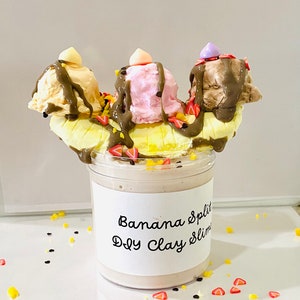 Banana Split DIY clay slime, Banana Split Slime, DIY clay slime, slime, putty, butter slime, sarahsslimesco, SarahsSlimesCo, Slime, Putty