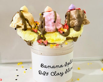 Banana Split DIY clay slime, Banana Split Slime, DIY clay slime, slime, putty, butter slime, sarahsslimesco, SarahsSlimesCo, Slime, Putty