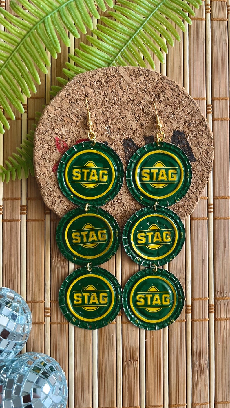 Staggerin STAGGERIN’, Upcycled STAG Beer Bottle Cap Gold Drop Earrings ...