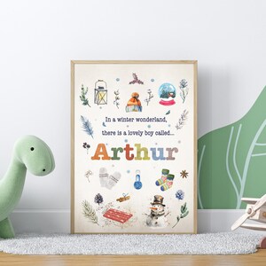 Impresión personalizada con el nombre del niño, acogedor tema invernal, arte de pared de acuarela para guardería para bebé nacido en invierno, regalo para bebé nuevo, país de las maravillas invernal