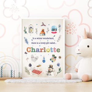 Impresión personalizada con el nombre del niño, acogedor tema invernal, arte de pared de acuarela para guardería para bebé nacido en invierno, regalo para bebé nuevo, país de las maravillas invernal