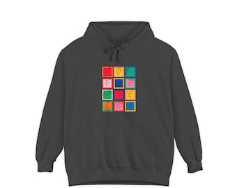 Colorful Smiley Patch Grid Hoodie | Graphic Pullover