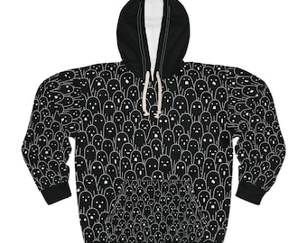 May include: Black hooded sweatshirt with an all-over print of cartoon ghosts in white.