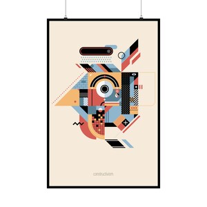 May include: Abstract geometric art print with a colorful design in shades of red, blue, yellow, and black. The print features a variety of shapes and patterns, including circles, squares, and triangles. The text "constructivism." is printed at the bottom of the print.