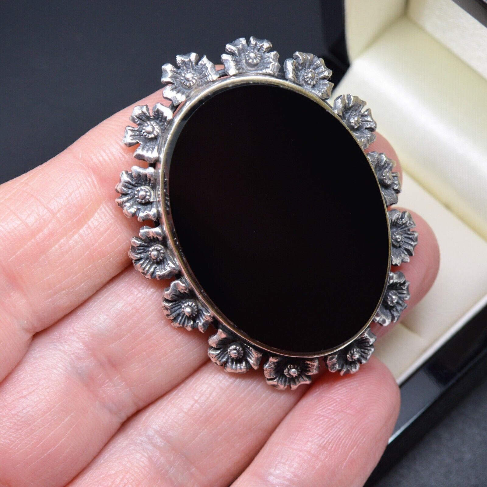 Vintage Sterling Silver 925 Floral Brooch BLACK ONYX Gift for Her