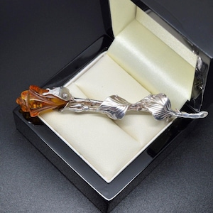 Vintage Sterling Silver 925 Rose Brooch AMBER FLOWER BROOCH Gift for Her