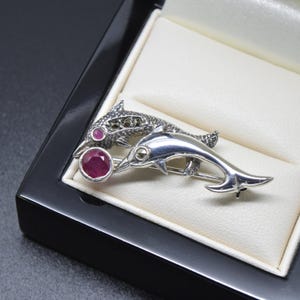 Vintage Sterling Silver 925 Dolphin Brooch RUBY & MARCASITE Gift for Her