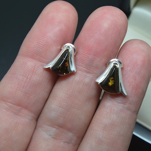 May include: A pair of silver stud earrings. Each earring has a dark amber-coloured stone set within a silver frame. The silver frame has a curved, wing-like shape, adding a touch of elegance to the jewellery. The earrings are shown against a hand.