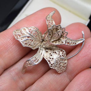 Vintage 935 Argentium Silver Brooch ORCHID FLOWER Gift for Her
