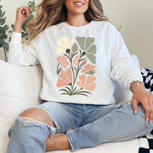 Floral Unisex Garment-Dyed Sweatshirt, Cozy Crewneck, Gift for Her, Spring Sweatshirt, Casual Floral Top, Modern Art Sweatshirt