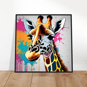May include: A colourful abstract painting of a giraffe's head with splashes of pink, orange, blue, and green paint.