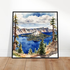 Crater Lake National Park Kunst, kratermeer schilderen, aquarelkunst kratermeer, aquarelkunst, aquarelafdrukken, aquarel tekenen