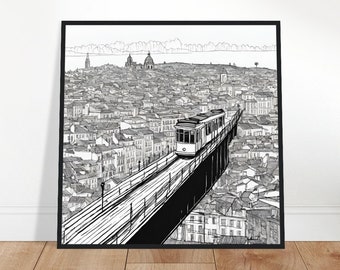 May include: Black and white line drawing of a tram traveling on a track over a city. The tram is white with black windows and a black roof. The city is drawn in detail with many buildings and streets.