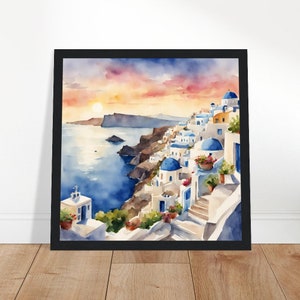 Santorinikonst, Santorinimålning, Santorini akvarellkonst, Akvarellmålning, Akvarelltryck, Akvarellteckning, Heminredning, Konst 30x30 cm / 12x12″