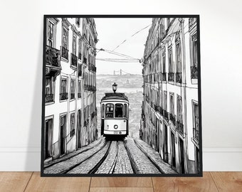 May include: Black and white illustration of a tram traveling up a narrow street lined with buildings. The tram is in focus, while the buildings are blurred in the background.