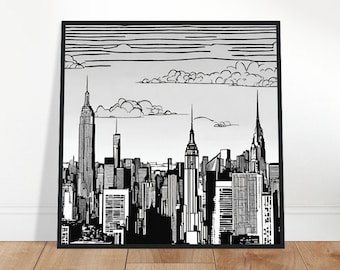 New York Skyline Art, New York Skyline Painting, New York Skyline Line Art, Line Art Painting, Line Art Prints, Line Art Drawing, Home Decor