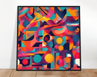 May include: Abstract geometric art print with a colorful design featuring red, orange, yellow, blue, and purple shapes. The print has a modern and vibrant style.