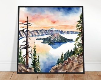 Crater Lake National Park Art, Crater Lake Painting, Crater Lake Watercolor Art, Watercolor Painting, Watercolor Prints, Watercolor Drawing