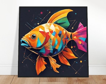 Könnte beinhalten: Gerahmter Kunstdruck mit einem farbenfrohen geometrischen Fischdesign. Der Fisch ist in leuchtenden Orange-, Gelb-, Blau- und Rosatönen vor einem dunklen Hintergrund dargestellt. Das Kunstwerk hat einen modernen, abstrakten Stil mit goldenen Akzentlinien.