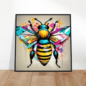 May include: A colorful abstract bee with blue, yellow, and black stripes, surrounded by a colorful watercolor background.