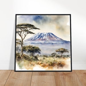 De kunst van de berg Kilimanjaro, de Kilimanjaro schilderen, de Kilimanjaro-schilderij, aquarelkunst van de berg, aquarelschilderen, aquarelafdrukken, aquarel
