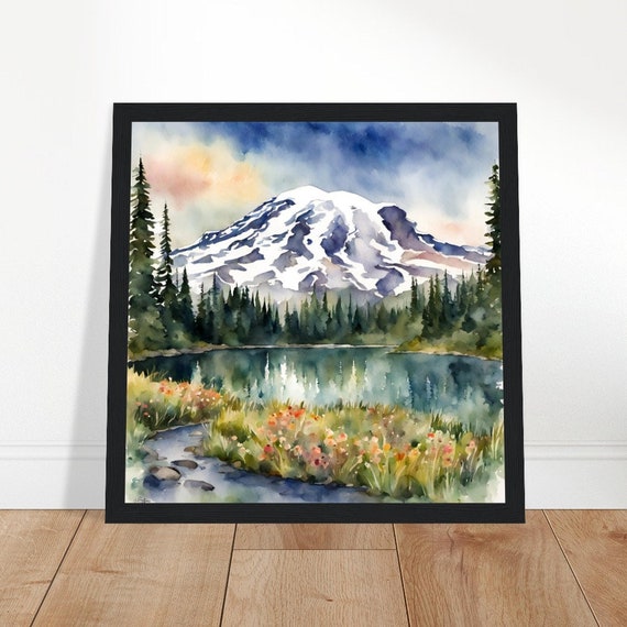 "Mount Rainier Reflection Lake" Canvas Wall Art - Large 28"x42" Framed Landscape Painting, Ready To Hang (TUMOVO)