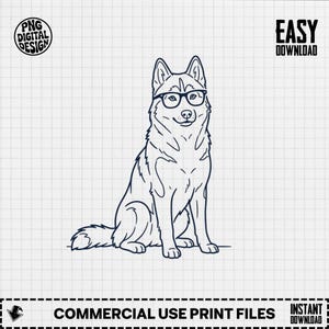May include: Line art illustration of a seated husky dog wearing glasses. The dog is drawn in black lines on a white grid background. The image includes the text "PNG DIGITAL DESIGN" and "EASY DOWNLOAD".
