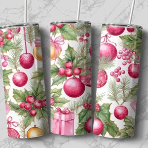 Pink Christmas Ornaments 20oz Skinny Tumbler Sublimation Design, Straight & Tapered Wrap, Tumbler Wrap, Tumbler Png, Instant Download