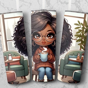 Girl in Cafe Tumbler Sublimation Design: Straight & Tapered Wrap (Digital Download)
