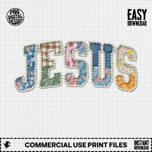 Jesus Patchwork Pearl Digital PNG Image: Quilted Floral Christian Faith Letter Art Download