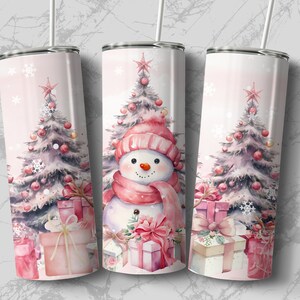 Pink Watercolor Snowman 20 oz Skinny Tumbler Sublimation Design, Straight & Tapered Wrap, Tumbler Wrap, Tumbler Png, Instant Download