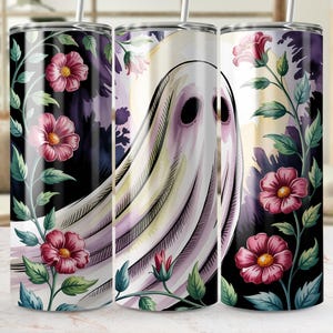 Floral Ghost Tumbler Design, Halloween PNG Digital Download, Flower Ghost Wrap, Spooky Season Tumbler, Halloween Tumbler Sublimation