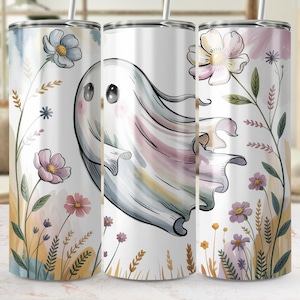 Cute Ghost Tumbler Design, Watercolor Floral Tumbler PNG, Spooky Season Sublimation, Digital Download for 20oz Tumbler, Fall Digital Art