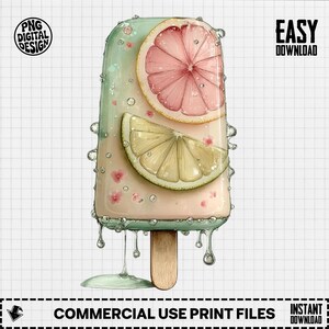 May include: A digital illustration of a popsicle with a pink grapefruit slice and a lemon wedge. The popsicle has a wooden stick and is dripping with water droplets. The words "PNG DIGITAL DESIGN" and "EASY DOWNLOAD" are visible.