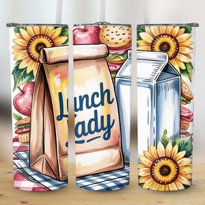 Lunch Lady Tumbler Design, Sunflower PNG, 20oz Tumbler Wrap, School Staff Gift, Apple, Sandwich, Milk, Digital Download
