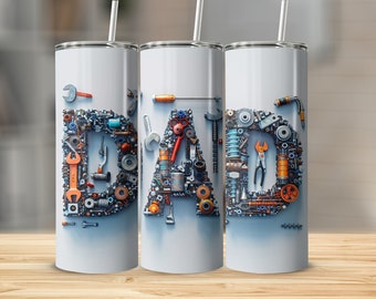 May include: Three stainless steel tumblers with a white background and the word "DAD" spelled out in various tools and hardware. The letters are made of nuts, bolts, wrenches, and other tools.