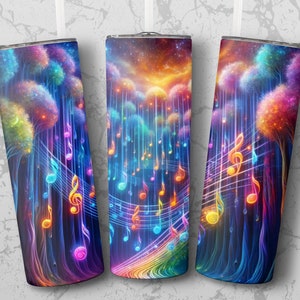 May include: Three stainless steel tumblers with a colorful design of musical notes and trees. The design features a rainbow gradient and a dark blue background.