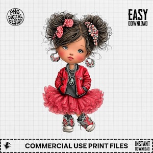 May include: A digital illustration of a girl with dark hair styled in two buns, wearing a red jacket, black shirt, and a red tutu skirt. She has on red sneakers and dangling earrings. The image includes the text "PNG DIGITAL DESIGN", "EASY DOWNLOAD", and "COMMERCIAL USE PRINT FILES".