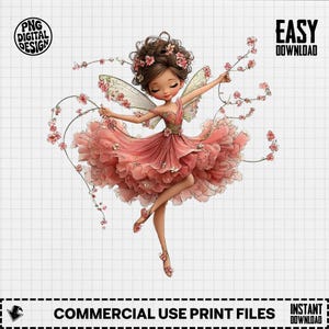 May include: A digital illustration of a fairy in a pink dress with floral accents. The fairy has brown hair and wings, and is surrounded by flowering branches. The image includes the text "PNG DIGITAL DESIGN" and "EASY DOWNLOAD".