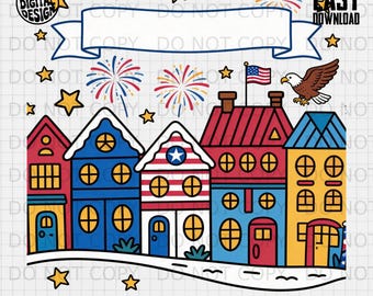 小さな町の独立記念日デジタルダウンロードPNG、愛国的なアメリカンクリップアート、7月4日のお祝いUSAタウンハウスイーグル花火