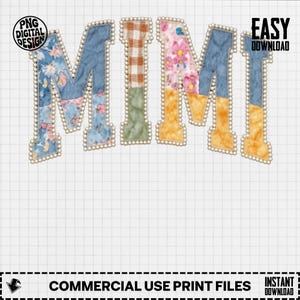 Könnte beinhalten: Das Wort „MIMI“ in einer dekorativen Schriftart, wobei jeder Buchstabe ein anderes Stoffmuster aufweist. Die Buchstaben sind mit einem perlenartigen Rand umrandet. Der Hintergrund ist ein Rastermuster. Der Text im Bild enthält „PNG DIGITAL DESIGN“, „EASY DOWNLOAD“ und „COMMERCIAL USE PRINT FILES“.