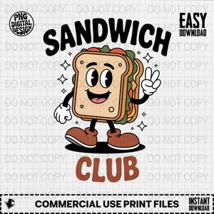 サンドイッチクラブ、レトロな食べ物、漫画PNGファイル、デジタルダウンロード、トレンディなデザイン、Tシャツデザイン、DIYプロジェクト、商用利用