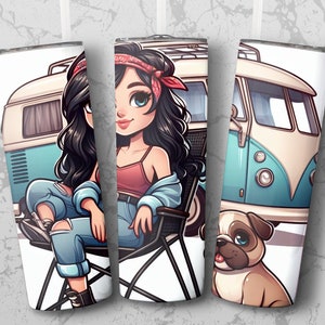 Camping Tumbler Sublimation Design: Girl, Van & Dog (PNG Digital Download)