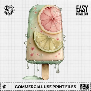 May include: A digital illustration of a popsicle with a pink grapefruit slice and a lemon wedge. The popsicle has a wooden stick and is dripping with water droplets. The words "PNG DIGITAL DESIGN" and "EASY DOWNLOAD" are visible.