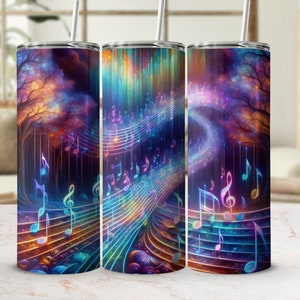 May include: Three stainless steel tumblers with colorful musical notes and a galaxy-like background. The tumblers are a great way to enjoy your favorite beverage.