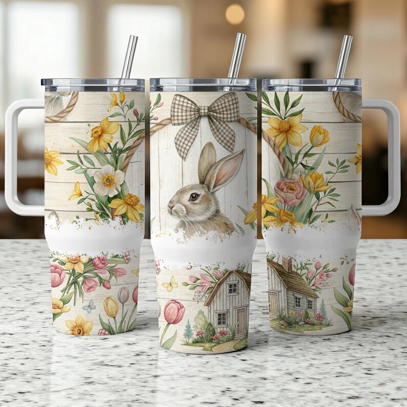 Easter Bunny 40oz Tumbler Sublimation Wrap Designs, Spring Flowers PNG ...