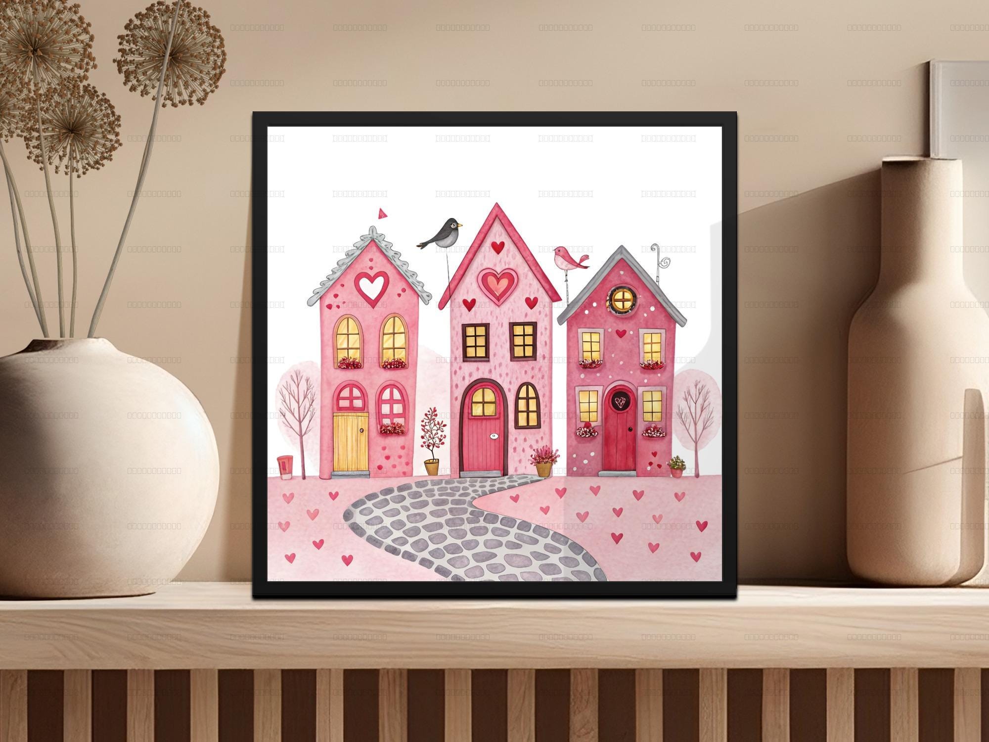Digital House Clipart: Valentine Pink Cute Set, Watercolor Houses ...