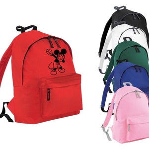 May include: A red, black and white backpack with a cartoon image of Mickey Mouse doing the dab. The backpack has a front pocket and adjustable straps. Other colours are available: white, black, green, blue and pink.